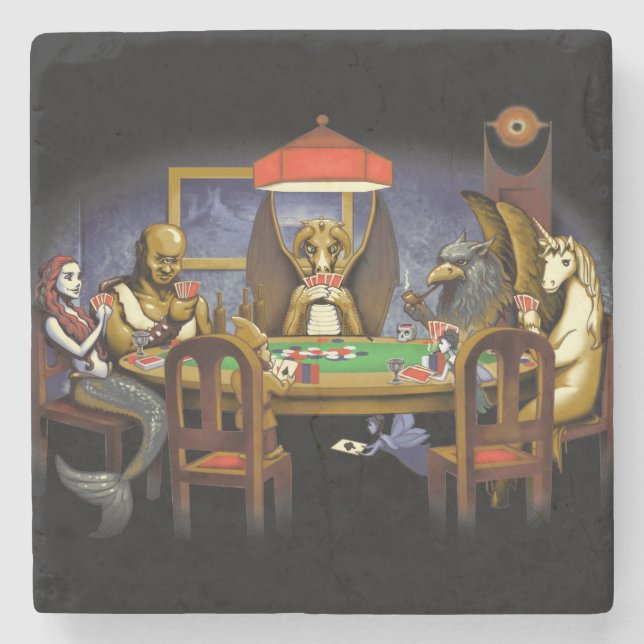 Mythical Creatures Playing Poker Stone Coaster (Front)