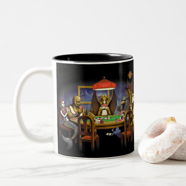 Mythical Creatures Playing Poker Two-Tone Coffee Mug (With Donut)