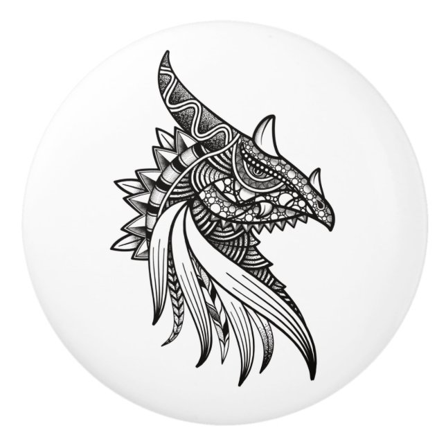 Mythical Dragon Mandala - Fantasy Dinosaur Head Ceramic Knob (Front)