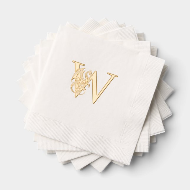 Mythical Dragon Over Single Bold Initial Monogram Foil Napkins (Insitu (Stacked))