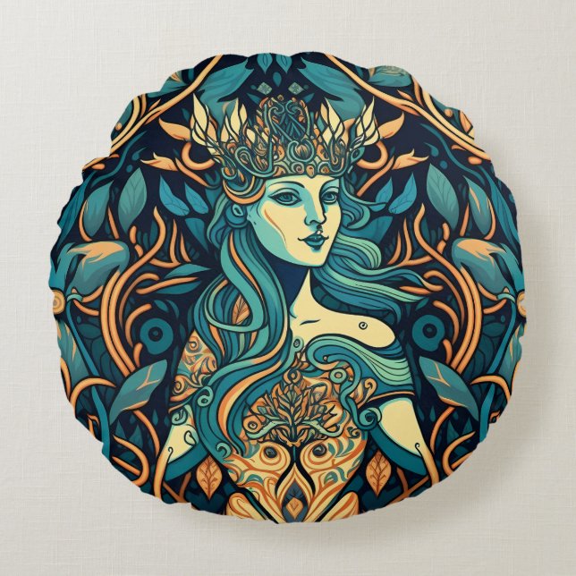 Mythical Goddess Hecate in a Botanical Design Round Cushion (Front)