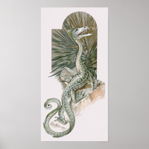Mythical Lizard Dragon on Rocks, Vintage Mythology Poster