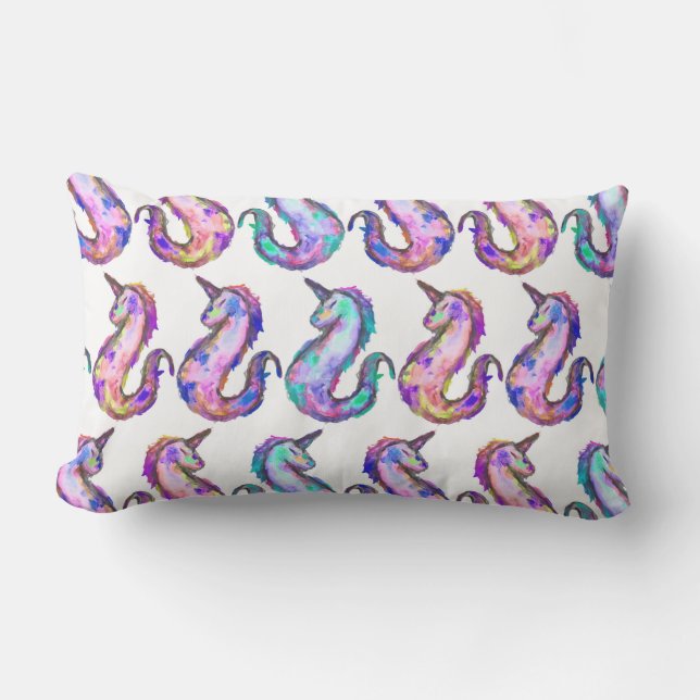 Mythical Pink Teal Unicorn Seahorse Watercolor Lumbar Cushion (Front)