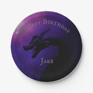 Mythical Purple Moonlit Dragon Happy Birthday Paper Plate