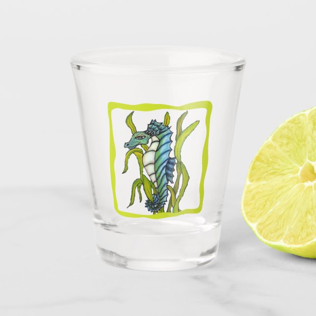 Mythical Seahorse Aqua Blue in Seaweed Border Shot Glass (Front)