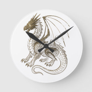 Mythical Silver Dragon Vintage Fantasy Graphic  Round Clock