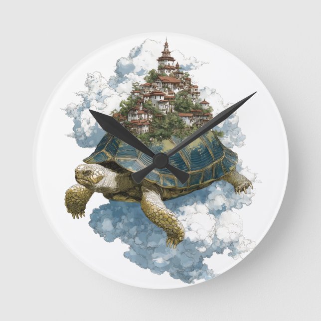 Mythical Sky Tortoise Carrying a Floating City Round Clock (Front)