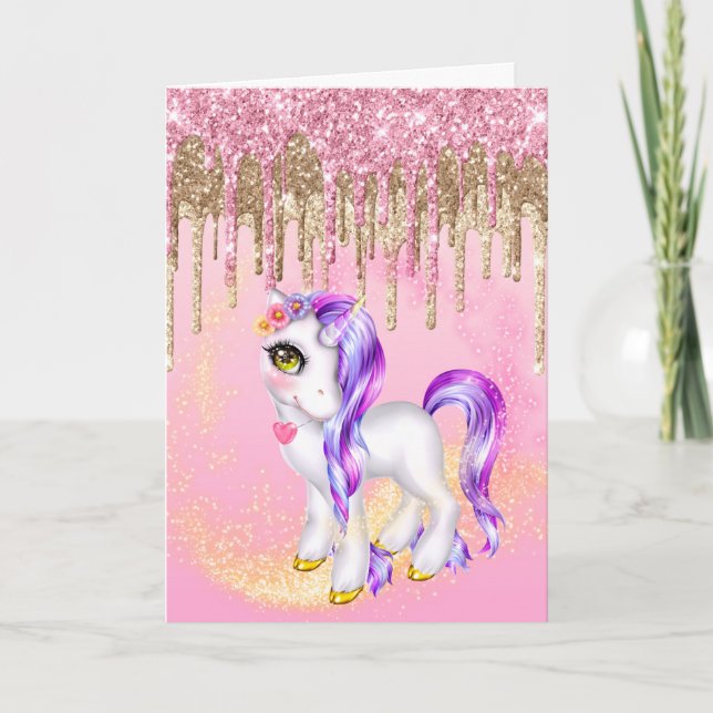 Mythical unicorn glitter pony purple hair dripping card (Front)