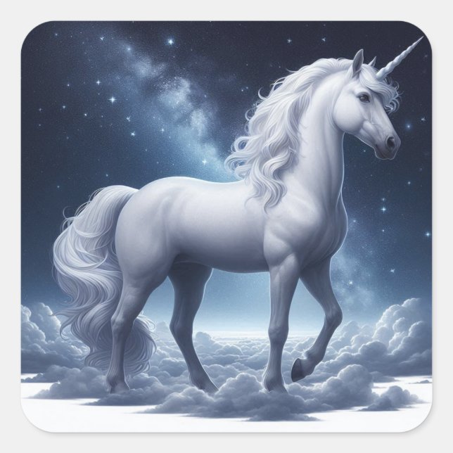 Mythical Unicorn in a Setting of Stars and Clouds Square Sticker (Front)