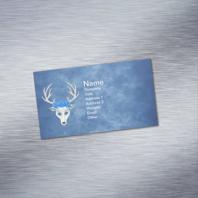 Mythical White Deer Head Wearing Roses on Blues Magnetic Business Card (In Situ)