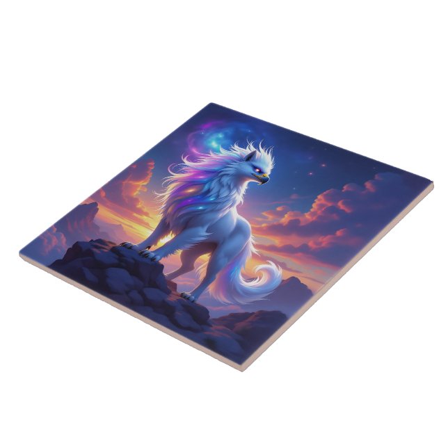 Mythical White Griffin on Top of the World Ceramic Tile (Side)