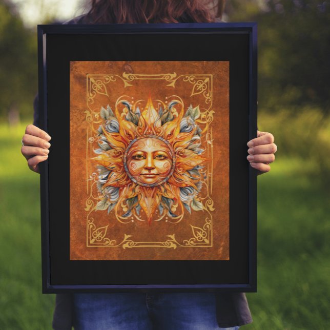 Mythological Sun Face Deity Digital Art Poster (16 x 20 framed with black mat.)