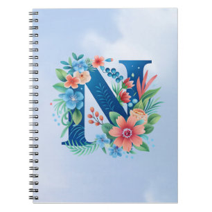 N blue monogram with flowers notebook