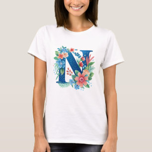 N blue monogram with flowers T-Shirt
