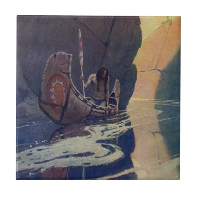N. C. Wyeth Indian Canoe Paddling Illustration Art Ceramic Tile (Front)