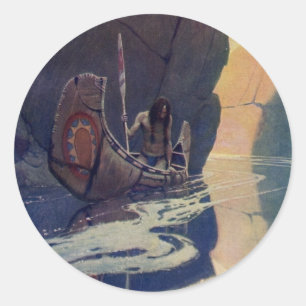 N. C. Wyeth Indian Canoe Paddling Illustration Art Classic Round Sticker