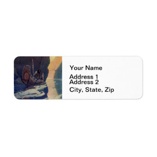 N. C. Wyeth Indian Canoe Paddling Illustration Art Return Address Label