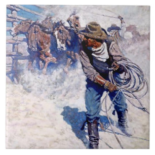 N C Wyeth Western Painting “Roping Wild Horses” Ceramic Tile