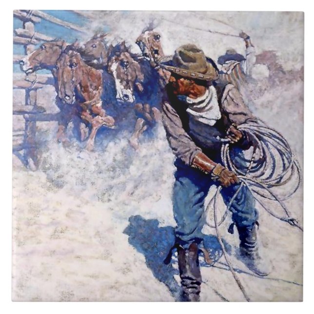 N C Wyeth Western Painting “Roping Wild Horses” Ceramic Tile (Front)