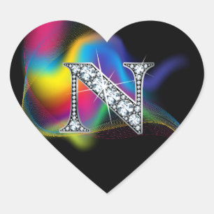 "N" Diamond Bling on Rainbow Swirl Heart Sticker