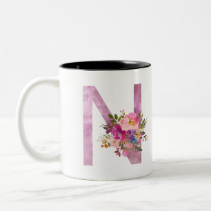 N, Floral Monogram initial , watercolor flower Two-Tone Coffee Mug