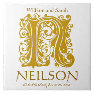 N Gold Monogram on White - Names Wedding Date Tile