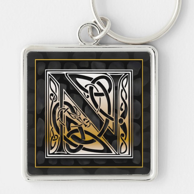 N Initial "Celtic Black Stone" Key Chain (Front)