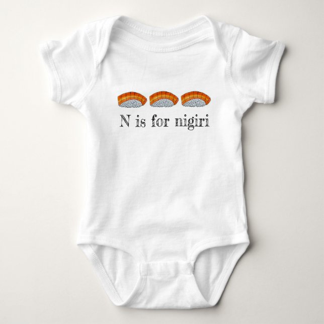 N is for Nigiri Salmon Sushi Japanese Food Fish Baby Bodysuit (Front)