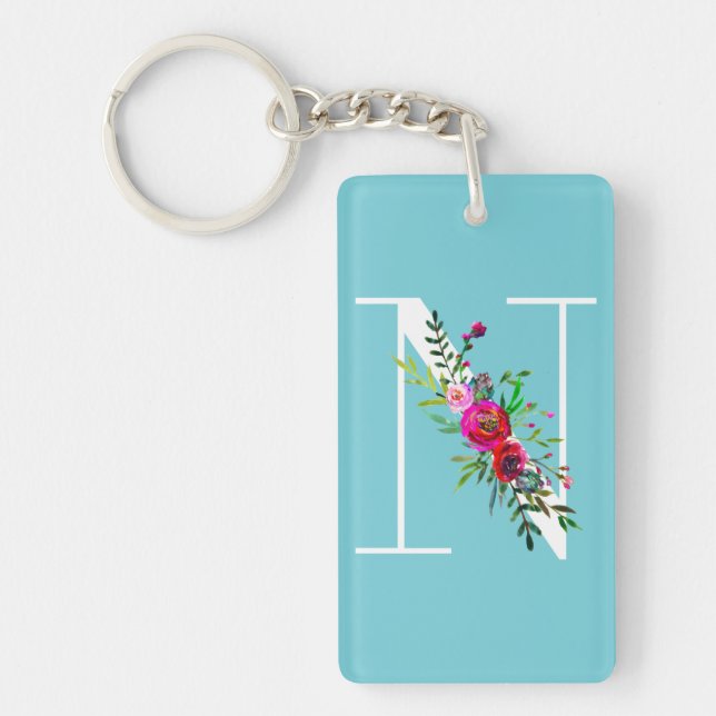 N Letter Initial Monogram Floral Custom Colour Key Ring (Front)