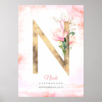 N Letter Monogram Gold Leaves Pink Magnolia Floral