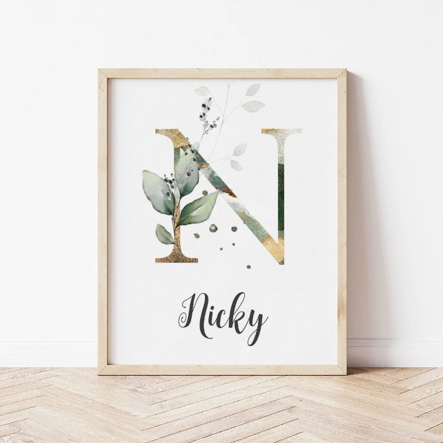 N Letter Monogram Greenery Nursery Name Wall Print (Creator Uploaded)