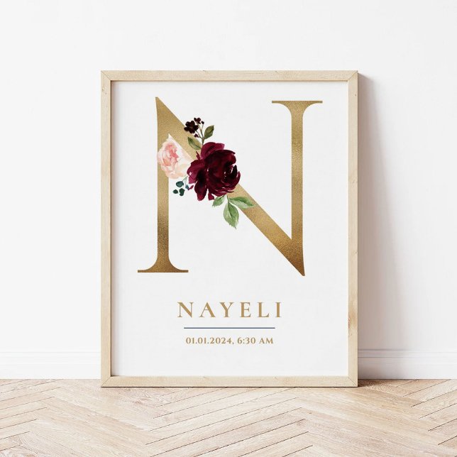 N Letter Monogram Name Marsala Floral Nursery Poster (Creator Uploaded)