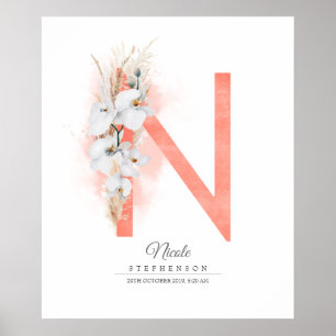 N Letter Monogram White Orchids and Pampas Grass Poster