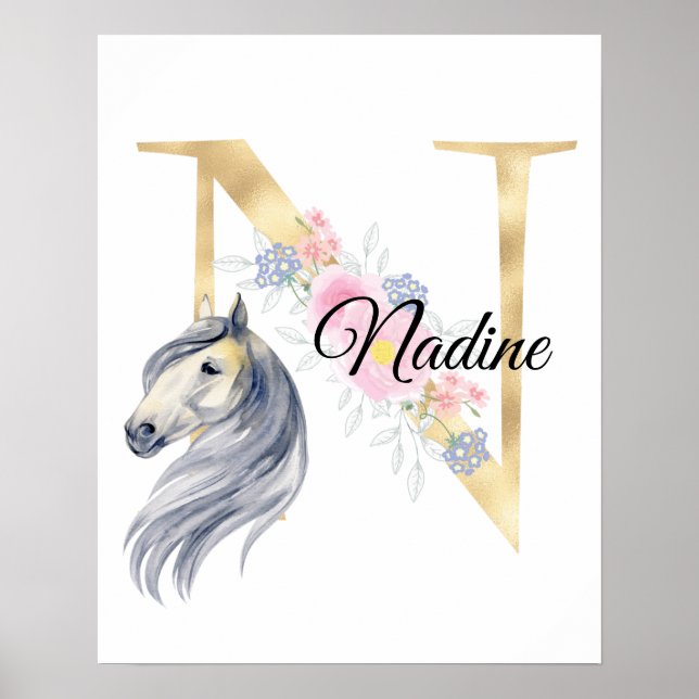 N letter personalized name monogram with horse poster