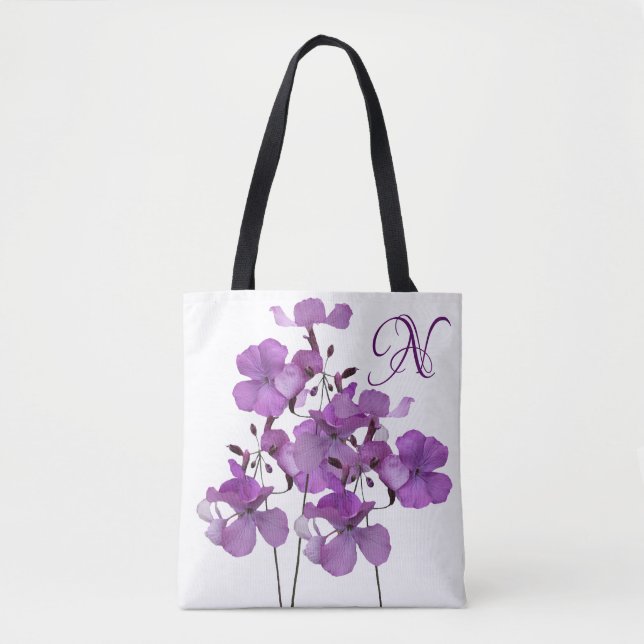 N monogram boho purple flower summer beach  tote bag (Front)