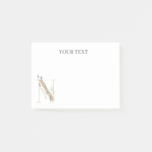 N Monogram Floral Personalised Post-it Notes (Front)