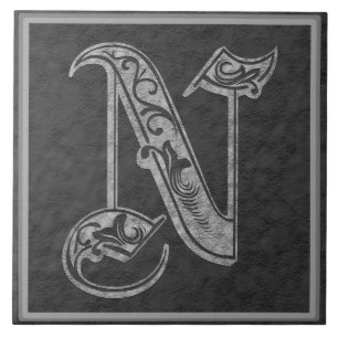 N Monogram "Royal Grey Stone" Ceramic Tile