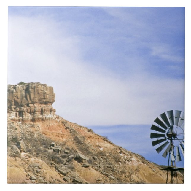 NA, USA, Texas Windmill and cliffs of Palo Duro Ceramic Tile (Front)