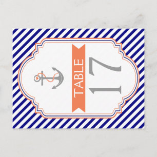 Naby blue, coral nautical wedding table number postcard