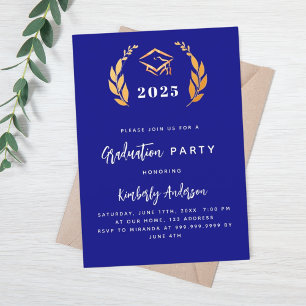 Naby blue gold laurel wreath 2025 Graduation Party Invitation