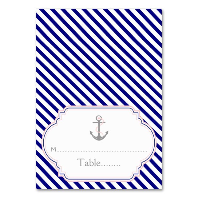 Naby blue, pink nautical wedding escort card (Front)
