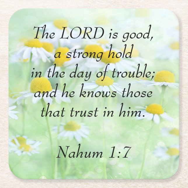 Nahum 1:7 square paper coaster (Front)