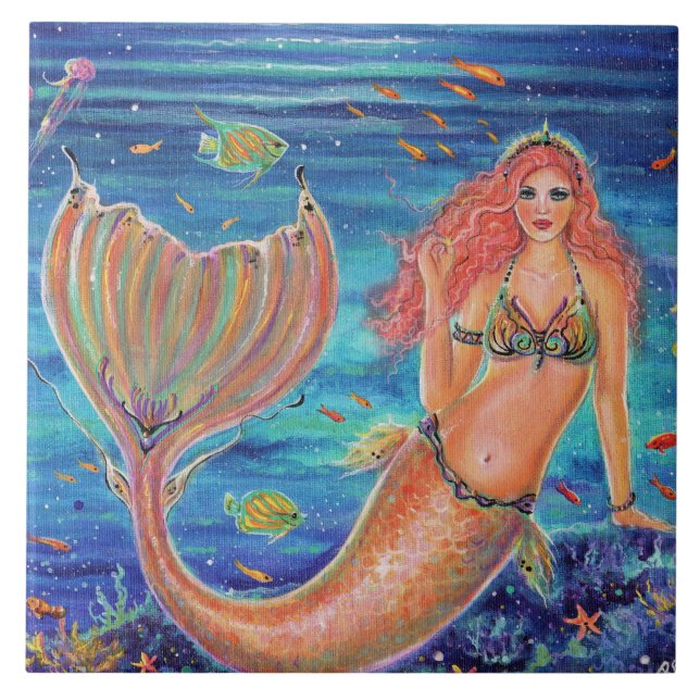 Naia mermaid with tropical fish by Renee Lavoie Ceramic Tile (Front)