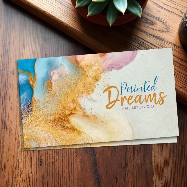 Nail Art Studio - Abstract Watercolor and Gold Business Card (Creator Uploaded)