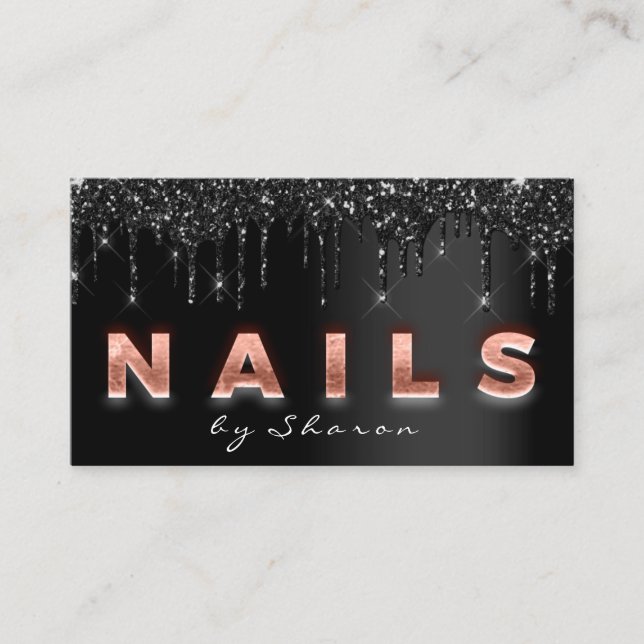 Nail Artist  Black Drips 9 Punches Rose Script Business Card (Front)