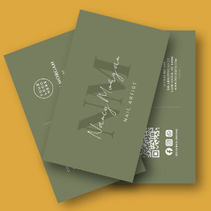 Nail Artist Dark Sage Green Monogram QR Code Logo  Business Card
