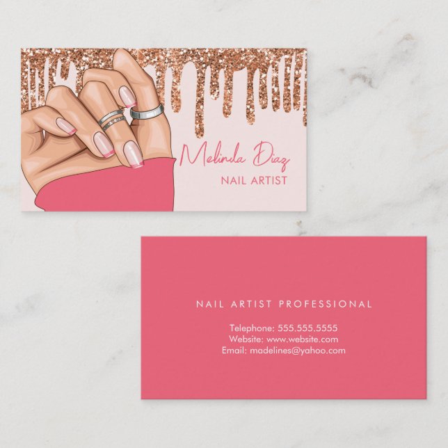 Nail Artist Designer Salon Faux Glitter Manicure Business Card (Front/Back)