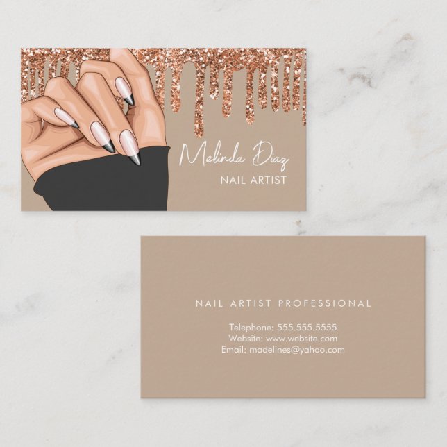 Nail Artist Designer Salon Faux Glitter Rose Gold  Business Card (Front/Back)