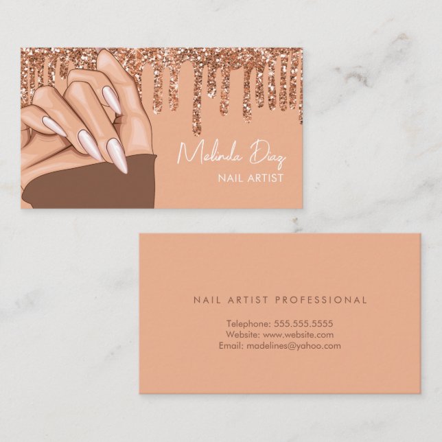 Nail Artist Designer Salon Rose Faux Glitter Boho Business Card (Front/Back)