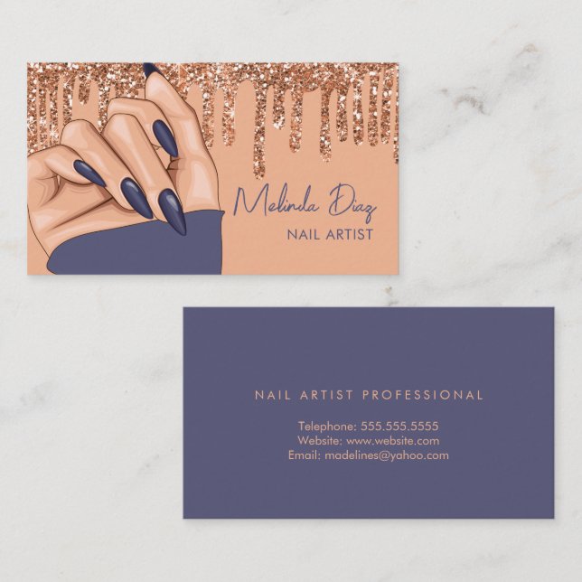 Nail Artist Designer Salon Rose Faux Glitter Gold Business Card (Front/Back)